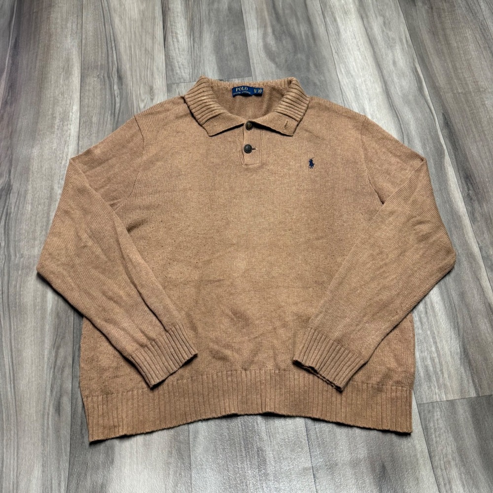 Polo Ralph Lauren Mens XL Tan Brown Knit Polo Sweater Long Sleeve Pony Logo